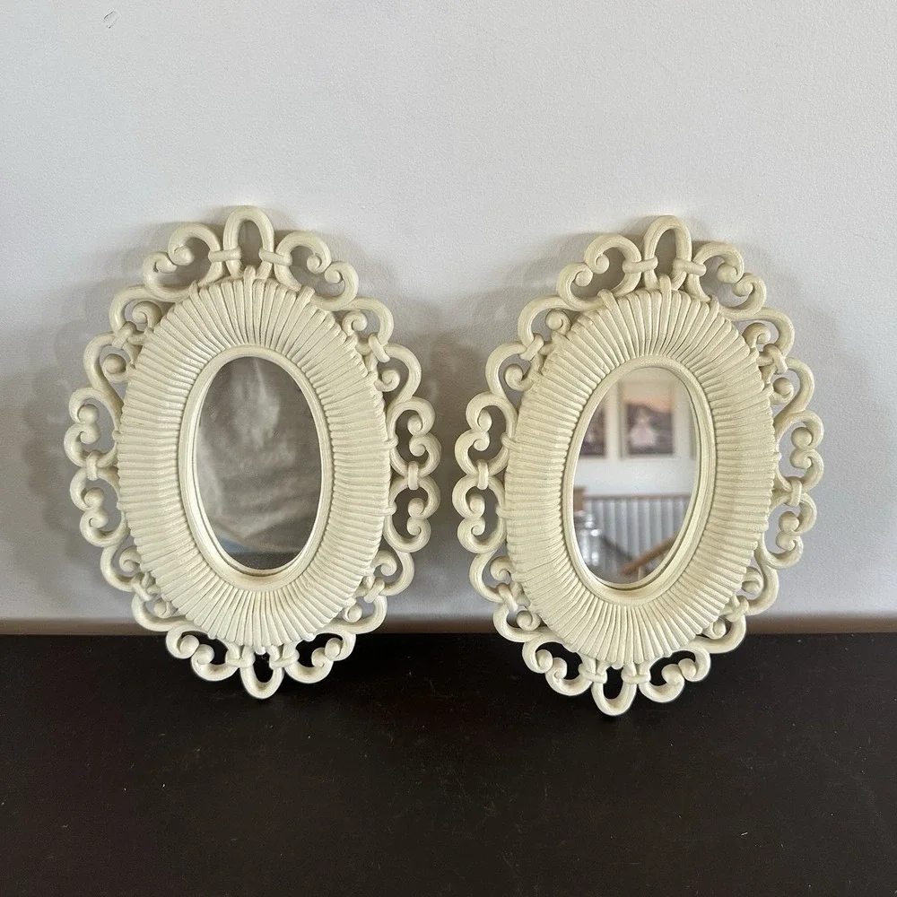 Set 2 Homco Oval Mirror Wall Decor Faux Rattan 1978 Boho Retro White Cottagecore